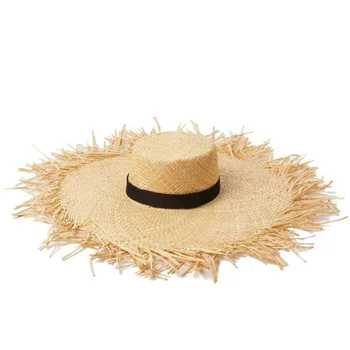 Натуральные соломенные шляпы из рафии с широкими полями и лентой, Пляжная кепка, Летняя уличная Большая соломенная шляпа