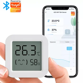 Датчик температуры и влажности Tuya, мини-ЖК-цифровой дисплей, совместимый с приложением Bluetooth, дистанционное управление, термометр-гигрометр