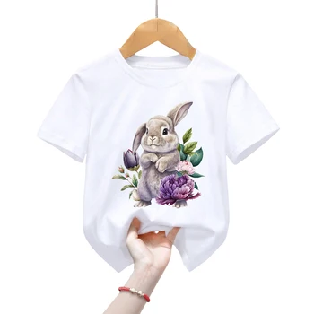 Футболки с рисунком Пасхального кролика для мальчиков и девочек, топы с мультяшным цветком, бренд Harajuku, винтажная детская одежда с короткими рукавами в виде животных