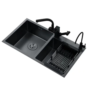 Раковина для мытья рук Кухонная раковина из нержавеющей стали, Черные Двойные кухонные принадлежности ручной работы, раковина для умывания, 2 сливных отверстия для посуды для кишечника