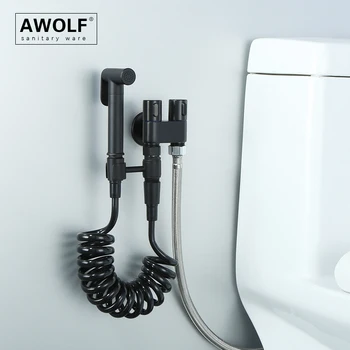 Awolf Матовый Черный Туалет Гигиенический Душ Из Цельной Латуни Набор Распылителей Для Биде С Двумя Ручками Система Анального Душа WC Shattaf Rinser AP2346