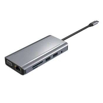 Многопортовый адаптер 11 В 1 USB C С RJ45, Совместимый с 4K HDMI, VGA 4 USB2.0 PD3.0 Аудио 3,5 Мм SD/ TF Концентратор Со светодиодной подсветкой