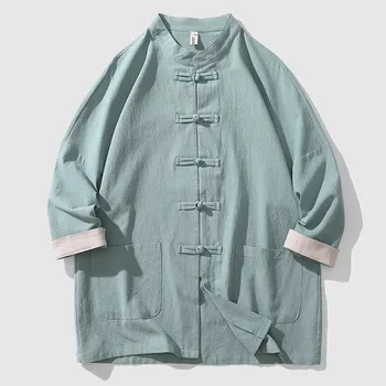 Мужская рубашка с цветным блоком из хлопка и льна в Китайском стиле Tang 2023 Harajuku, Повседневные топы на пуговицах Hanfu, Одежда для Кунг-фу