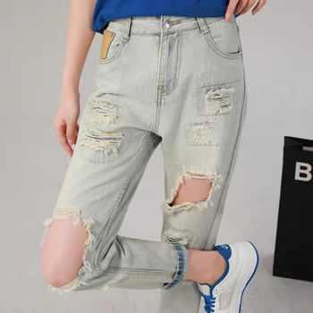 Модные женские джинсы с дырками, новые универсальные рваные повседневные брюки большого размера с девятью потертостями