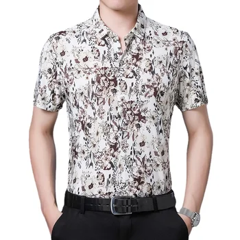 Летняя Новая мужская эластичная рубашка с коротким рукавом и фрагментированным воротником-кардиганом, рубашка из ледяного шелка, повседневный модный спортивный топ с коротким рукавом