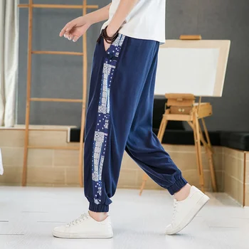 Белье 2023 из хлопка с принтом Caual Chinee, Мужские брюки с откидывающимся клапаном, Шаровары в винтажном стиле.