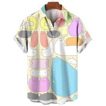 Повседневная рубашка с короткими рукавами и рисунком из мультфильма, лето 2023, гавайская рубашка с отворотом с 3D-принтом, мужская уличная рубашка с рисунком кошки