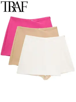 TRAF 2022 Осенние женские повседневные шорты, винтажные брюки Skort с асимметричной боковой молнией и высокой талией, женские шикарные Элегантные брюки Mujer