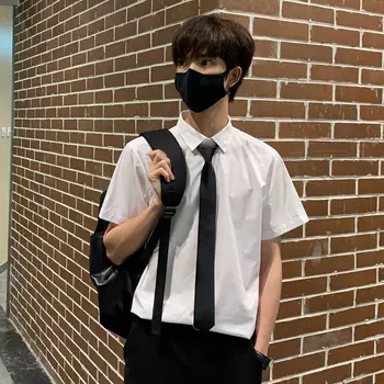 Рубашка с короткими рукавами для летнего студента, корейская трендовая черная рубашка, модная мужская белая рубашка с короткими рукавами