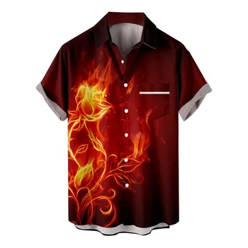 Мужские рубашки в стиле хип-хоп харадзюку с огненным узором, уличная одежда большого размера, рубашки на пуговицах, Летняя модная повседневная Свободная блузка на пуговицах
