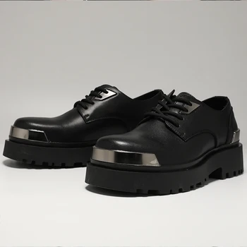 Мужская кожаная обувь роскошного бренда, модная обувь с большим носком, Толстая подошва, Мужская повседневная обувь в британском стиле, Рабочая обувь на шнуровке